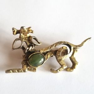 Vintage PERI dog brooch pin playful gold tone green jade cabochon bone
